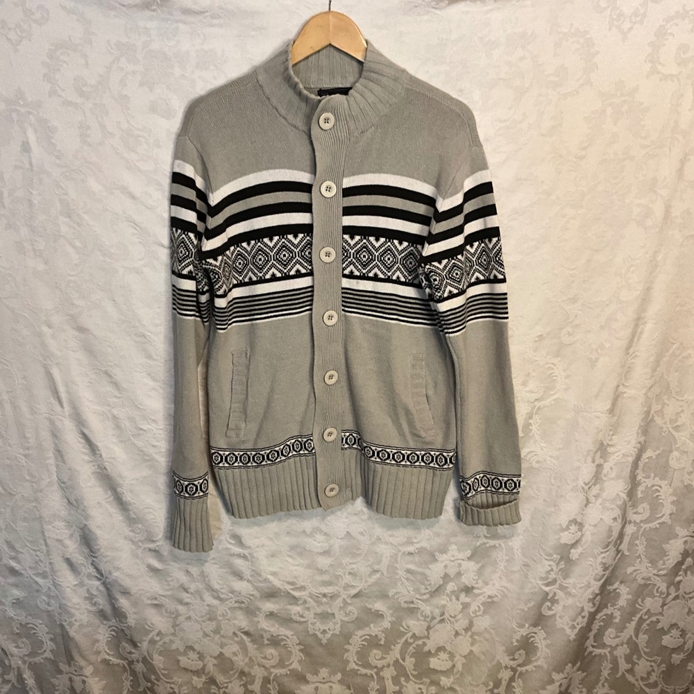Silver Jeans Co Cardigan‎ Sweater Gray Black White Pattern Full Zip M Sreetwear